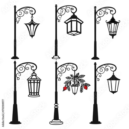 Collection of elegant black silhouette vintage street lampposts with decorative ornate scrolls and various lantern designs