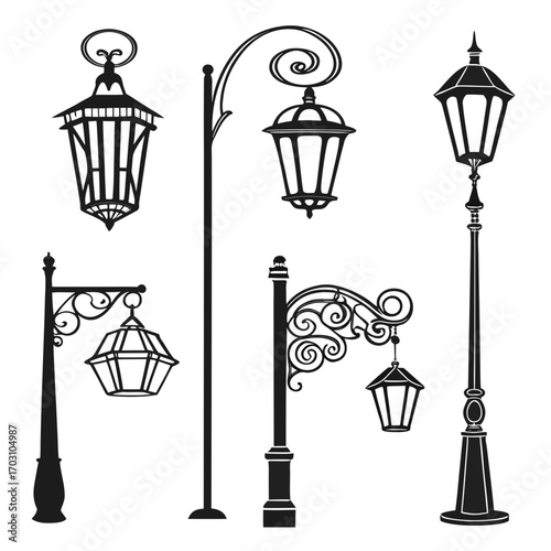 Collection of decorative vintage street lamps and lampposts in black silhouette on white background