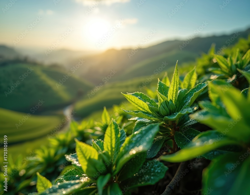 Fototapeta premium Vibrant green coffee plants unfurl in rich, rolling landscape at sunrise. Dew drops glisten on leaves. Sunlight illuminates scenic hillside plantation, highlighting natural growth, healthy vegetation.