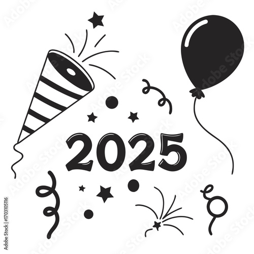 Happy new year 2025 celebration with balloon confetti stars and party popper exploding