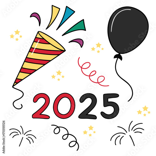 Happy new year 2025 celebration with party popper balloon confetti and stars
