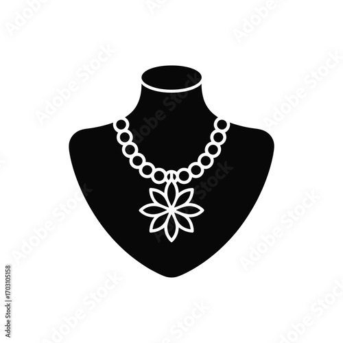 Black mannequin displaying white beaded necklace with flower pendant beads jewelry