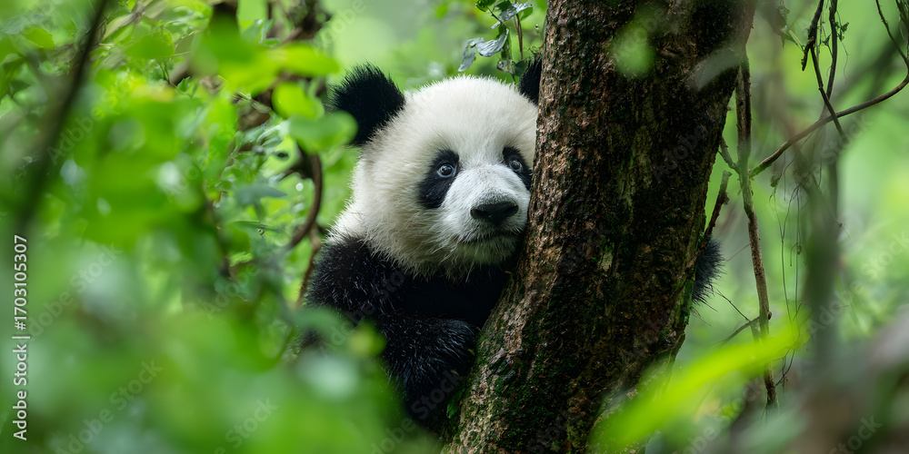 Obraz premium Panda gripping a tree, surrounded by a dense forest environment full of lush greenery