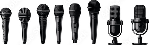 Collection of various microphone silhouettes and detailed vector illustrations, including handheld and vintage studio mics, audio equipment icons set