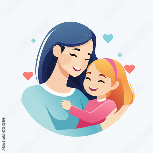 Loving mother tenderly embraces her cheerful young daughter, showcasing a heartwarming mother-daughter bond.