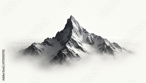 Fototapeta Naklejka Na Ścianę i Meble -  Minimalist black, white illustration of majestic snow-capped mountain range rising above soft white clouds. Dramatic peaks create sharp, clean silhouette against bright background, nature, adventure,