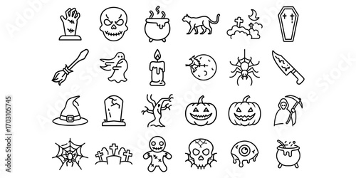 Collection of 24 hand drawn line art icons celebrating the spooky and festive spirit of halloween