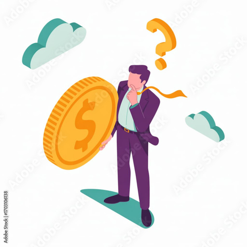 Confused investor pondering financial decisions with dollar coin and question mark in the sky illustration