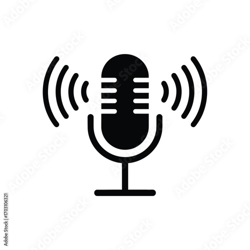 Black microphone broadcasting sound waves audio recording