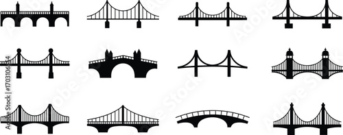 Collection of black bridge icons, vector silhouettes of suspension and arch bridges, architectural elements for infrastructure, travel and construction design