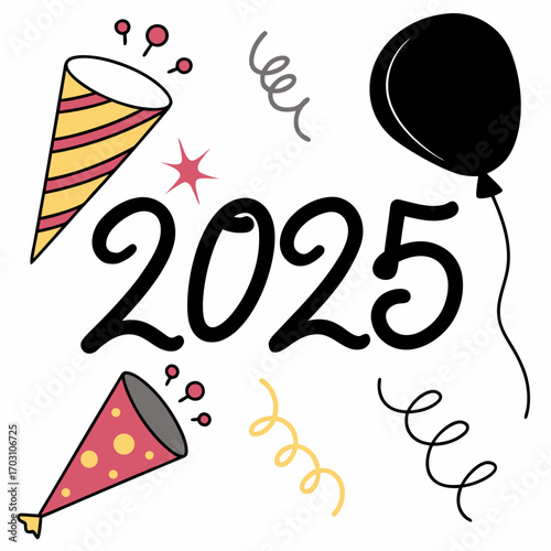 Happy new year 2025 celebration with party poppers balloons confetti and starburst