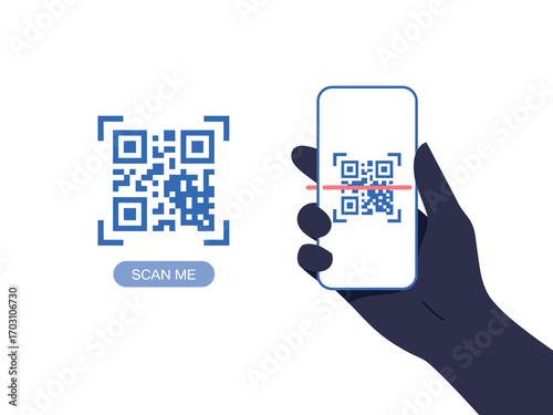 Hand using smartphone scanning qr code for contactless payment with barcode reader mobile phone digital verification for web app ui design landing page banner
