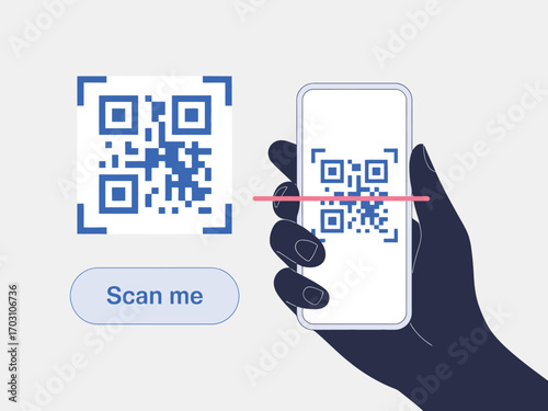 Mobile phone with barcode scanner reading qr code for contactless payment hand held device digital transaction verification for web app landing page banner design
