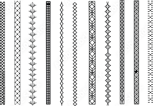 Collection of decorative vertical border patterns, ornamental line dividers, ethnic textile designs, black and white vector elements for graphic design