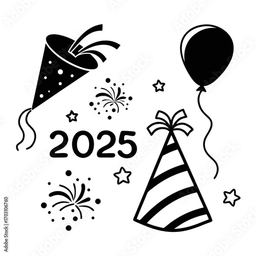 Happy new year 2025 celebration with confetti popper balloon party hat and fireworks