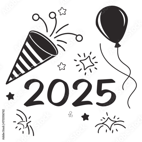 Festive new year 2025 celebration with a party popper balloon stars and confetti for a happy new year greeting