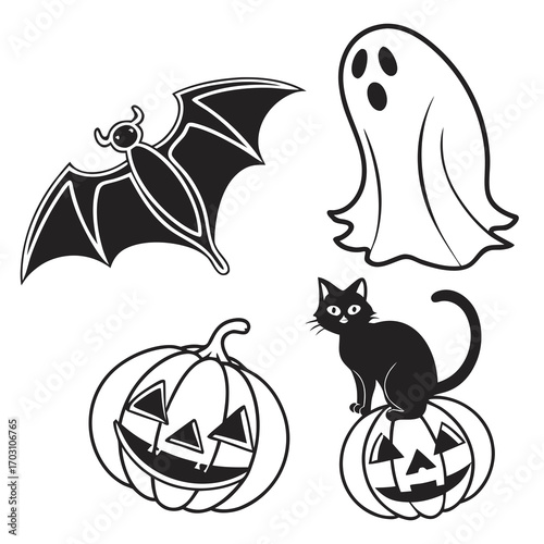 A collection of classic halloween icons including a bat a ghost a black cat and carved pumpkins in a simple black and white illustration style
