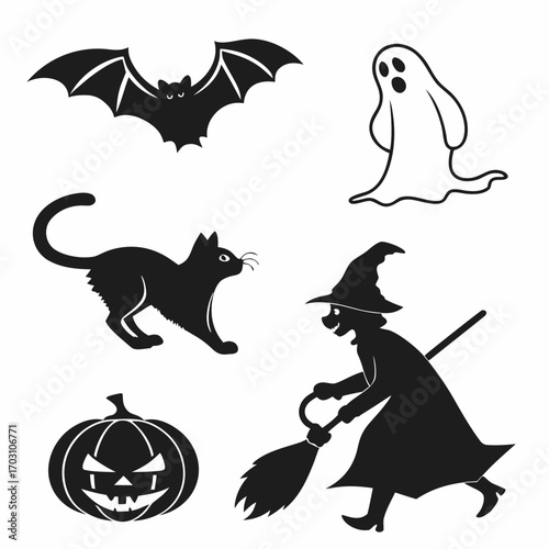 Collection of halloween silhouettes including a bat ghost black cat witch on a broom and a jack o lantern