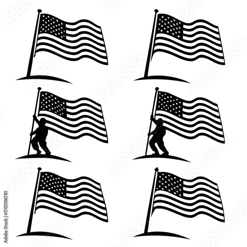 Collection of american flags waving on poles and held by silhouetted figures against a white background