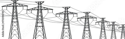 High voltage transmission towers with power lines, electricity pylons in sequence, energy infrastructure, black and white illustration, electrical grid system