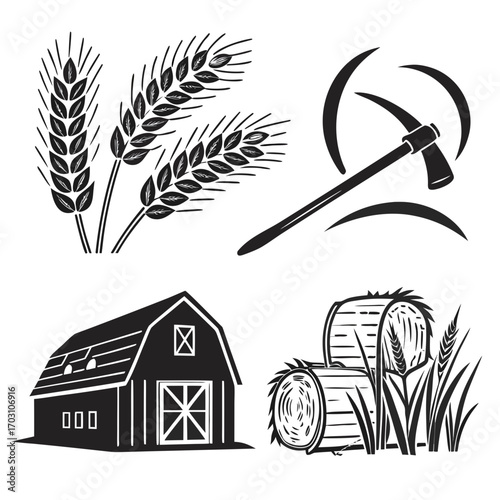 Collection of farm icons including wheat stalks a barn hay bales and agricultural tools symbolizing harvest and rural life
