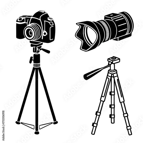 Black and white graphic illustration of a dslr camera on a tripod and a telephoto lens with a smaller tripod