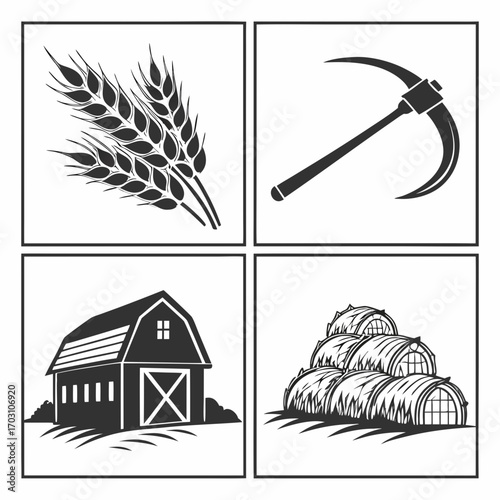 Set of four black and white graphic icons representing farming and agriculture including wheat stalks a scythe a barn and hay bales