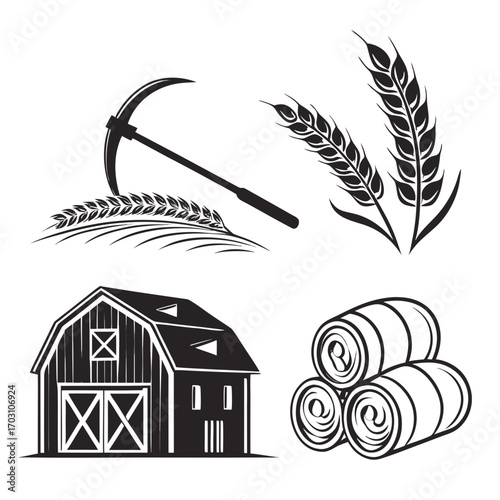 A collection of agricultural icons including a scythe and wheat stalks a barn and hay bales symbolizing farming and harvest
