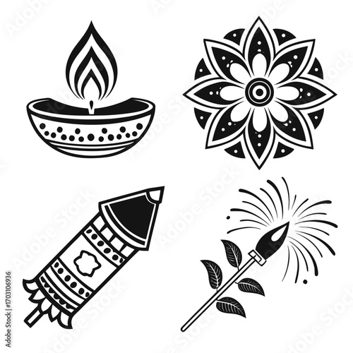 Set of four black and white graphic icons representing diwali festival elements including a diya oil lamp a floral rangoli design and two types of fireworks