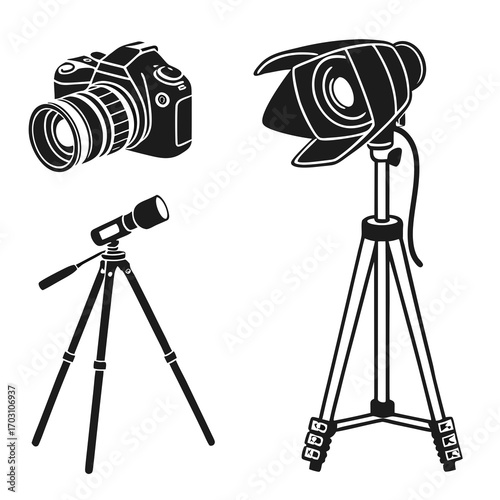 Set of black silhouette icons depicting photography equipment including a dslr camera a spotlight on a tripod and a smaller light on a tripod
