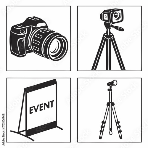 Collection of four black and white graphic icons depicting photography and event equipment including a dslr camera a camcorder on a tripod an event sign and a smaller tripod