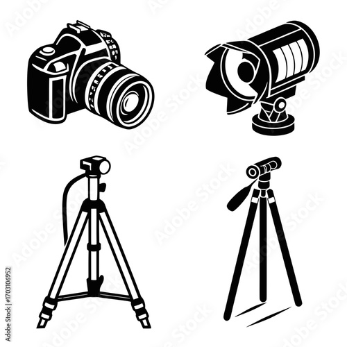 Set of black silhouette icons representing photography equipment including a dslr camera a studio spotlight and two different types of tripods on a white background