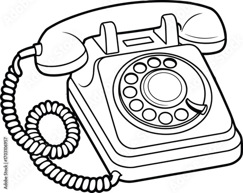 Vintage rotary dial telephone with corded handset, classic analog communication device, retro home phone, black and white line art illustration
