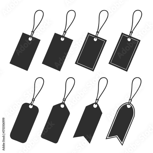 Collection of eight different black silhouette price tags or labels with strings on a white background