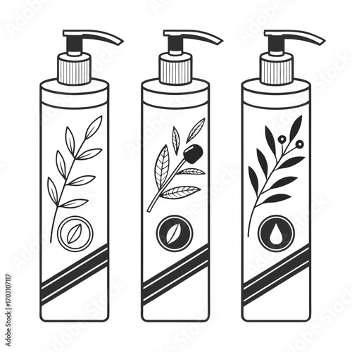 Three stylized bottles with pump dispensers decorated with botanical illustrations and minimalist design elements
