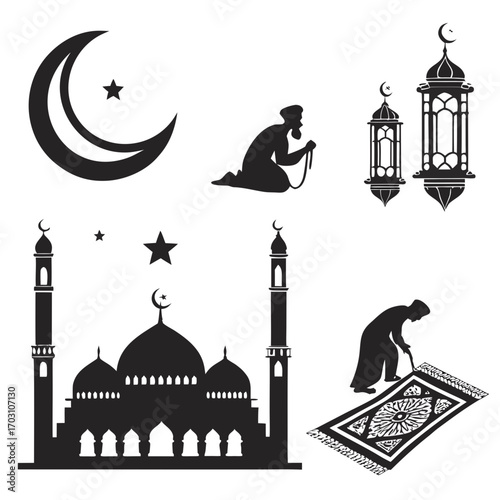 Collection of islamic symbols and figures including a mosque crescent moon stars praying man prayer mat and lanterns for religious celebrations