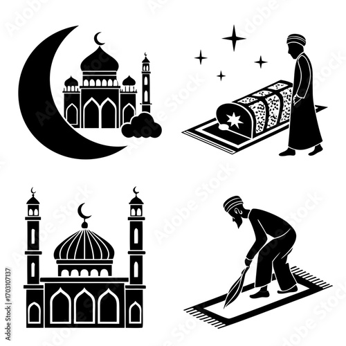 Collection of islamic symbols including mosques crescent moon stars and people praying on prayer mats