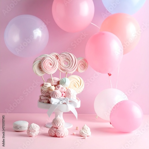 Pastel treats and balloons on pink