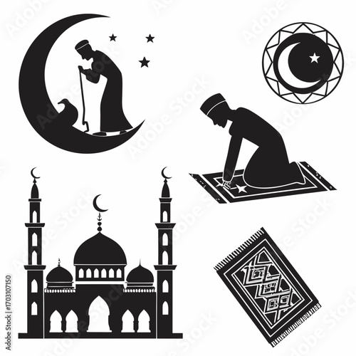 Collection of islamic symbols including a mosque crescent moon with stars praying figures and prayer mats in black silhouette on a white background