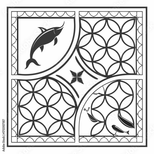 Decorative black and white graphic design featuring a dolphin fish and plant motifs within a geometric tiled pattern