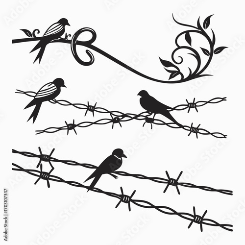 Silhouettes of birds perched on barbed wire fences and decorative branches with leaves against a white background