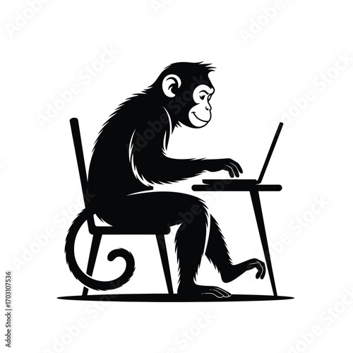 Black monkey typing on laptop sitting on chair chimpanzee silhouette