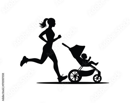 Active Mom Running with Stroller A Silhouette of Fitness and Motherhood