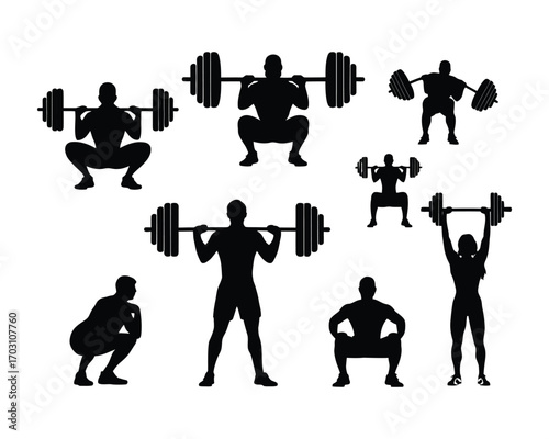 Collection of distinct black silhouettes depicting individuals performing various strength training exercises with barbells, focusing on squats and lifts