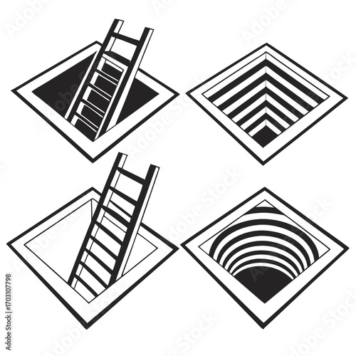 Four abstract graphic designs featuring square openings with ladders and optical illusions of depth and perspective