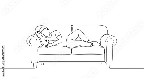 Person relaxing on a couch in line style with a transparent background, depicting a peaceful and comfortable atmosphere  