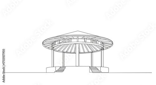 Architectural outline of a circular pavilion with columns and a roof design  