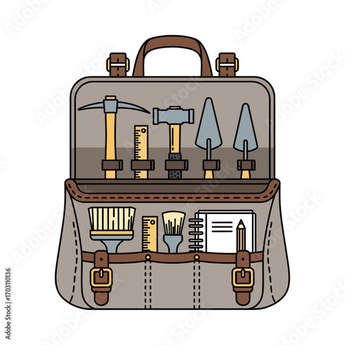 Archaeologist's well-organized tool bag, filled with excavation instruments and a notebook.