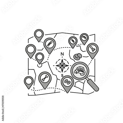 Illustration depicting a map with location markers, fossils, and a magnifying glass for exploration.