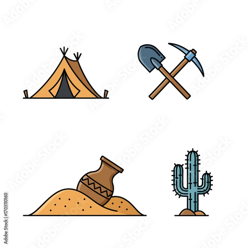 Desert exploration icons: teepee, shovel, pickaxe, ancient pot, cactus.